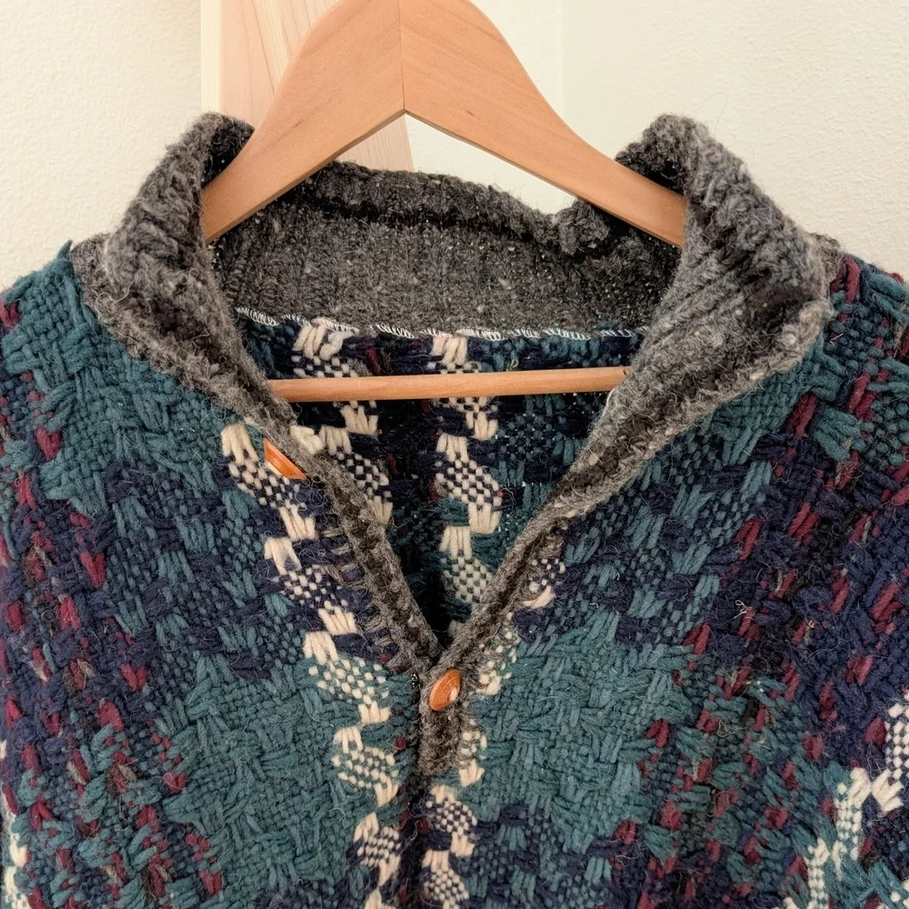 Vintage Plaid Waffle Stitch Button Front Wool Henley Sweater In Gray/Blue/Purple